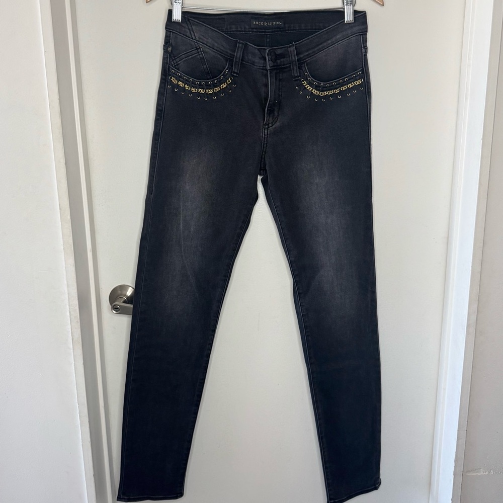 Rock & Republic Berlin Mid-Rise Black Skinny Jeans Gold Chain Pockets Women’s 8